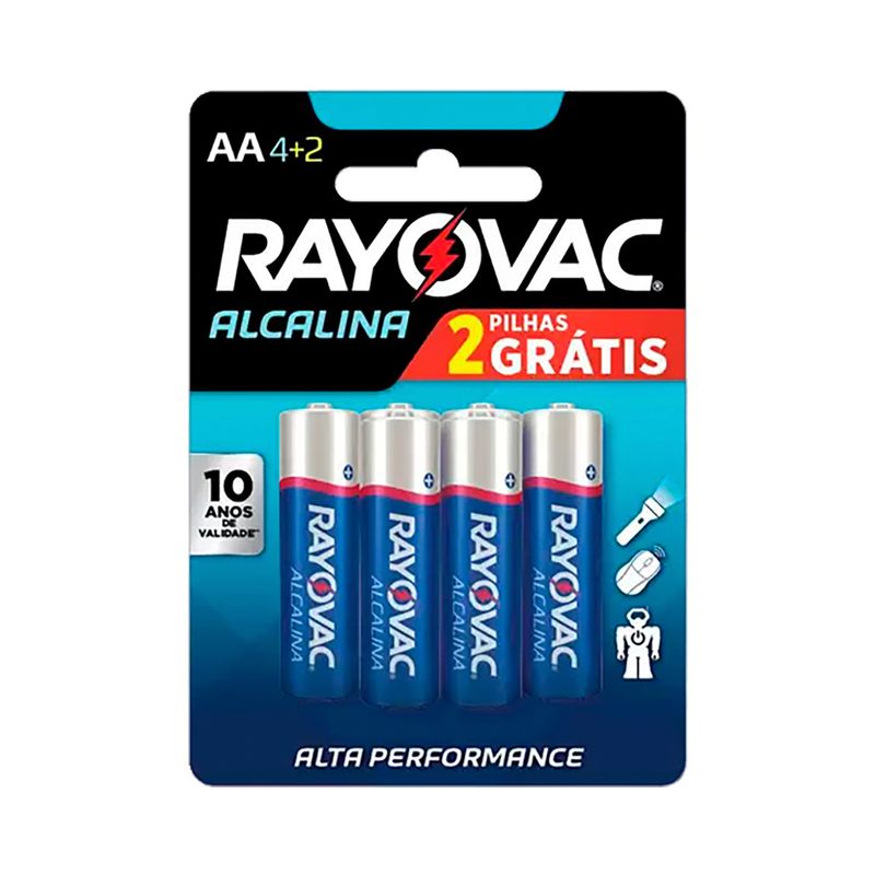 Pilha Alcalina AA Rayovac 4 Unidades 1,5V Grátis 2 Pilhas