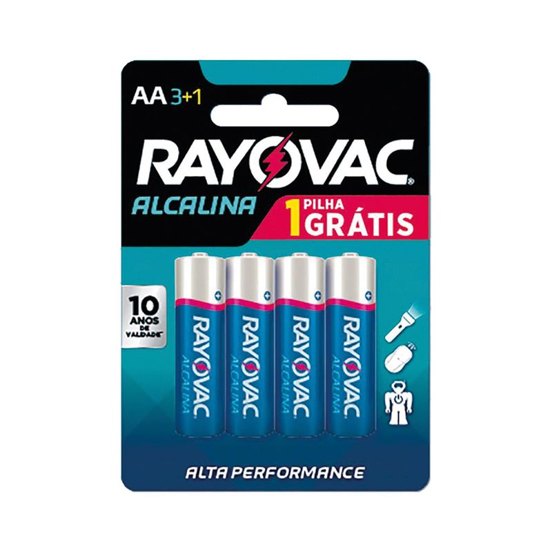 Pilha Alcalina AA Rayovac 4 Unidades 1,5V Grátis 1 Pilha
