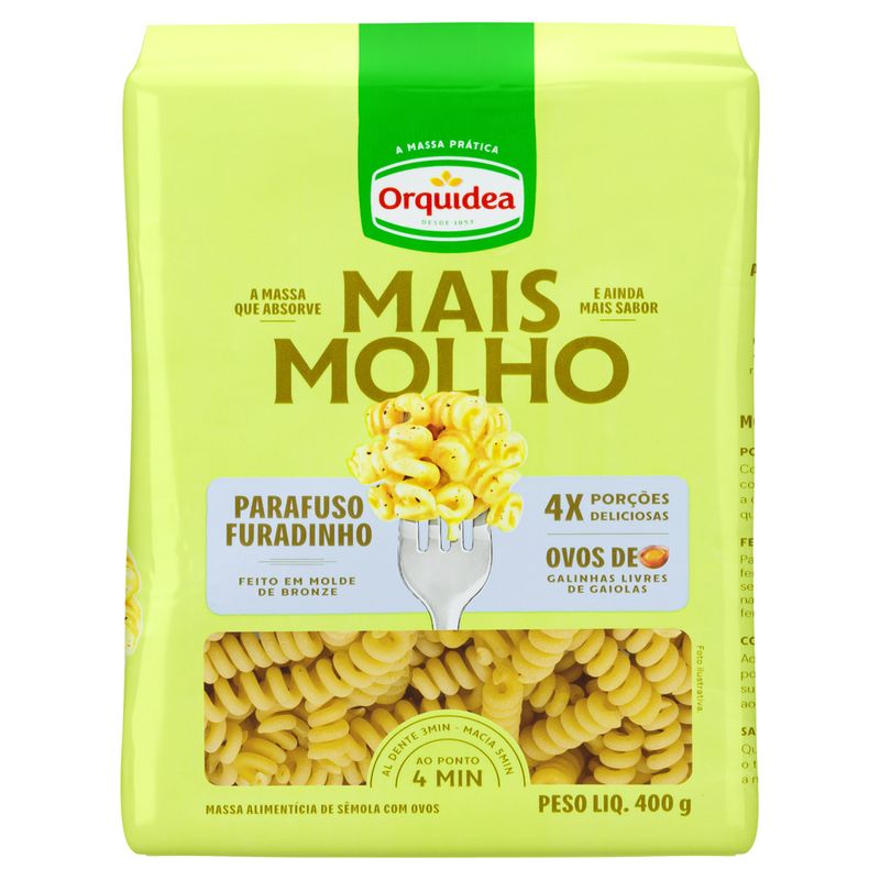 Macarrão de Sêmola com Ovos Parafuso Furadinho Orquídea Mais Molho Pacote 400g