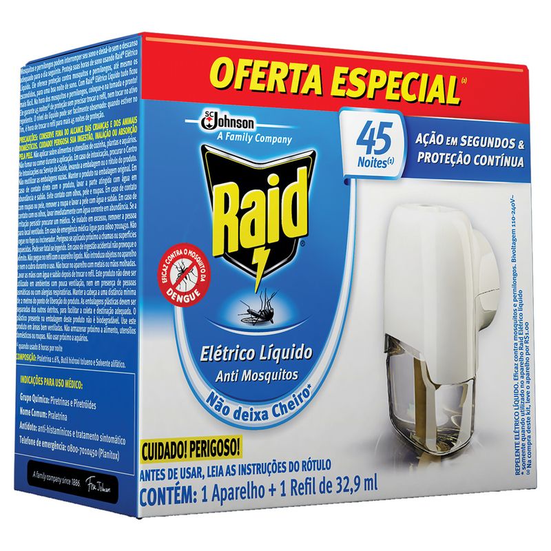 Kit Aparelho Elétrico + Refil Repelente Líquido 45 Noites Raid 32,9ml Oferta Especial
