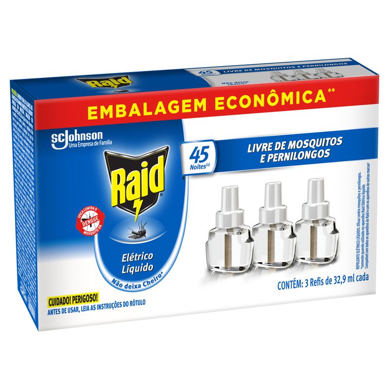 Repelente Líquido Elétrico 45 Noites Raid Caixa 3 Unidades 32,9ml Cada Refil Embalagem Econômica