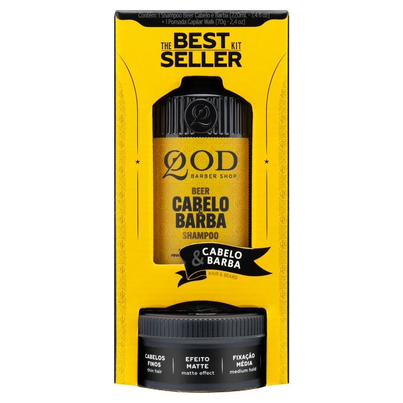 Kit Shampoo para Barba, Cabelo e Corpo Beer 220ml + Modelador Pomada Média Efeito Matte Walk 70g QOD Barber Shop