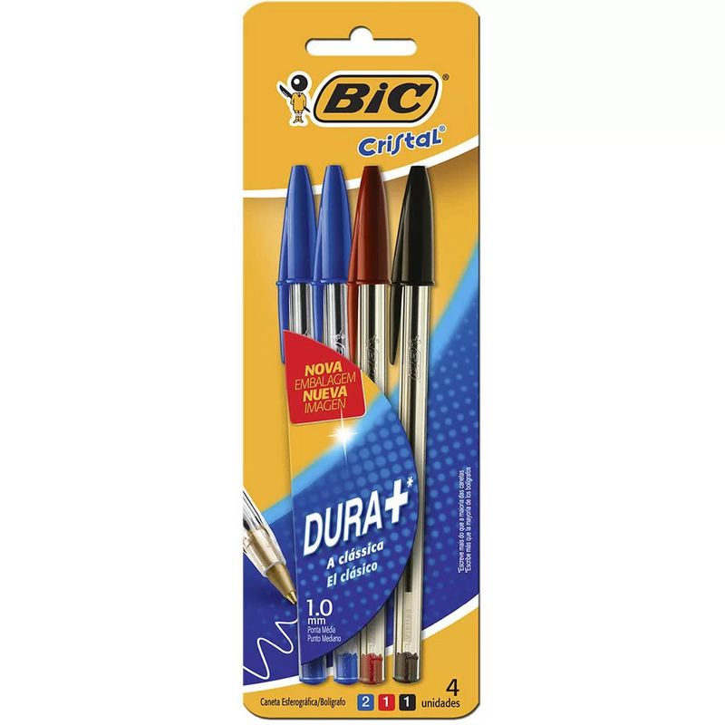 Caneta Bic Cristal Fina Azul/Preto/Vermelho ct 4un