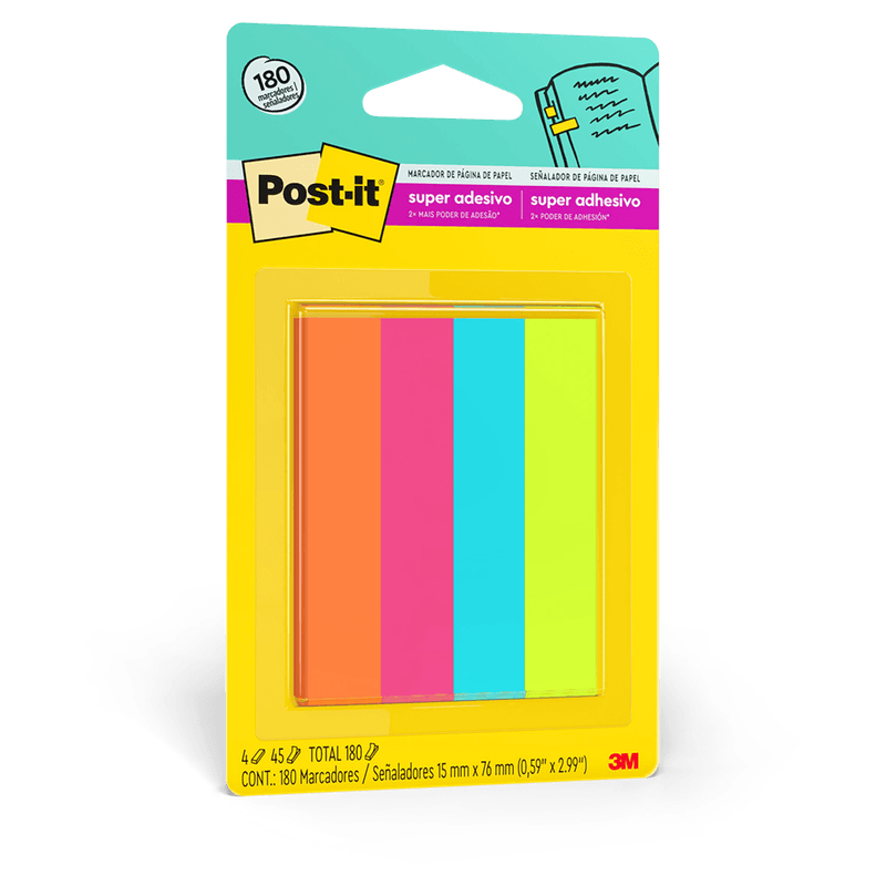 Marcador de Página de Papel Post-it 15mm x 76mm Blister 4 Unidades 180 Folhas
