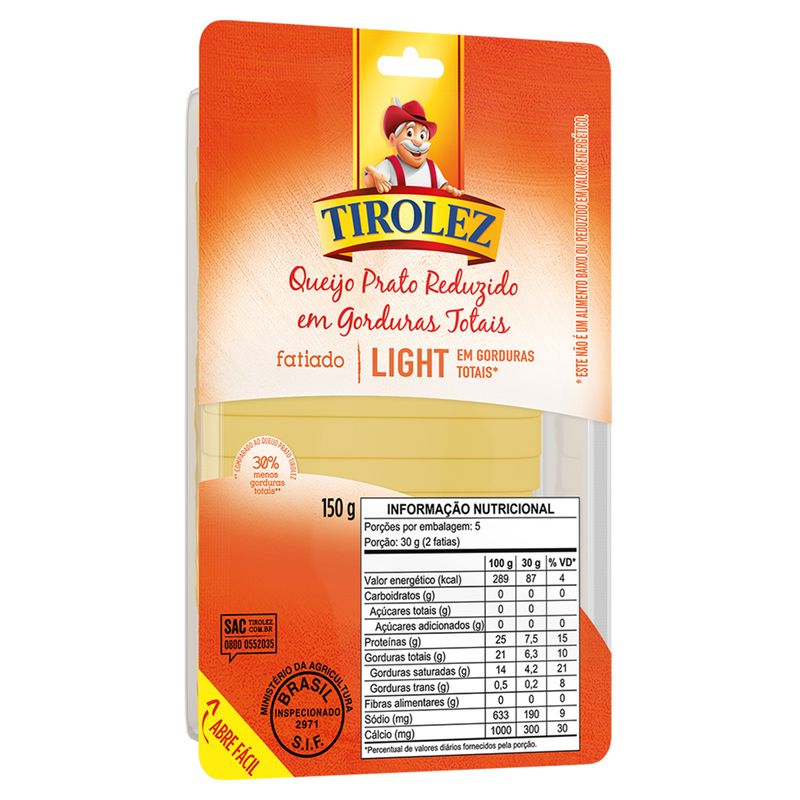 Queijo Prato Fatiado Light Tirolez 150g