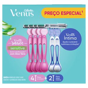 Kit 4 Aparelhos Descartáveis para Depilar Suave Sensitive + 2 Íntima Gillette Venus