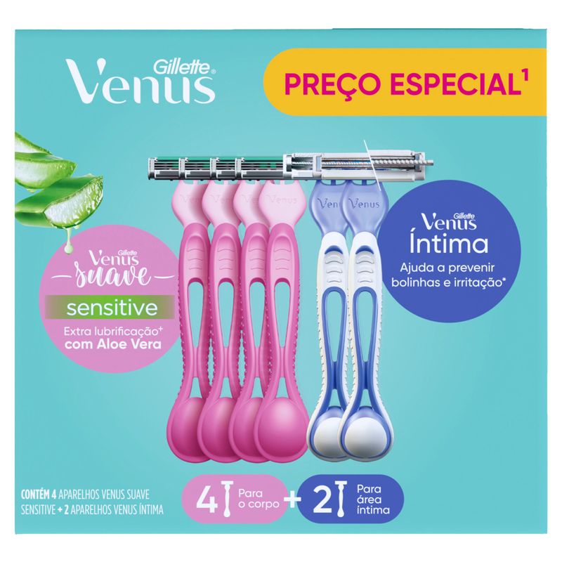 Kit 4 Aparelhos Descartáveis para Depilar Suave Sensitive + 2 Íntima Gillette Venus
