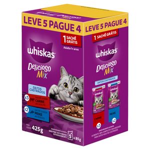 Ração Whiskas Sachê Carne e Peixe Leve 5 Pague 4 Caixa 425g