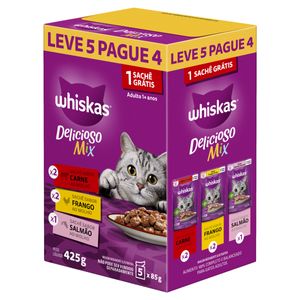 Ração Whiskas Sachê Carne/Frango/Salmão Leve 5 Pague 4 Caixa 425g