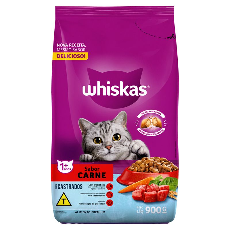 Ração Whiskas Gatos Adultos Castrados Sabor Carne Pacote 900g