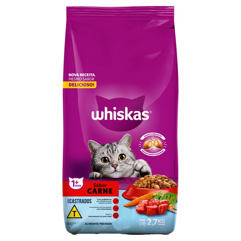 Racão Whiskas Gatos Adultos Castrados Carne Pacote 2,700kg