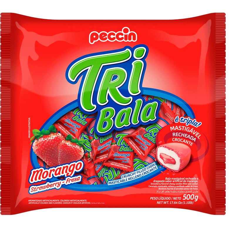 Bala Peccin Tri Bala sabor Morango Pacote 500g