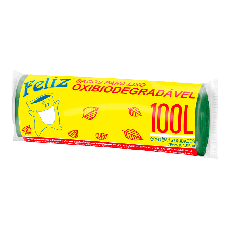 Sacos para Lixo Feliz Oxibiodegradável 100 litros Pacote 15 Unidades