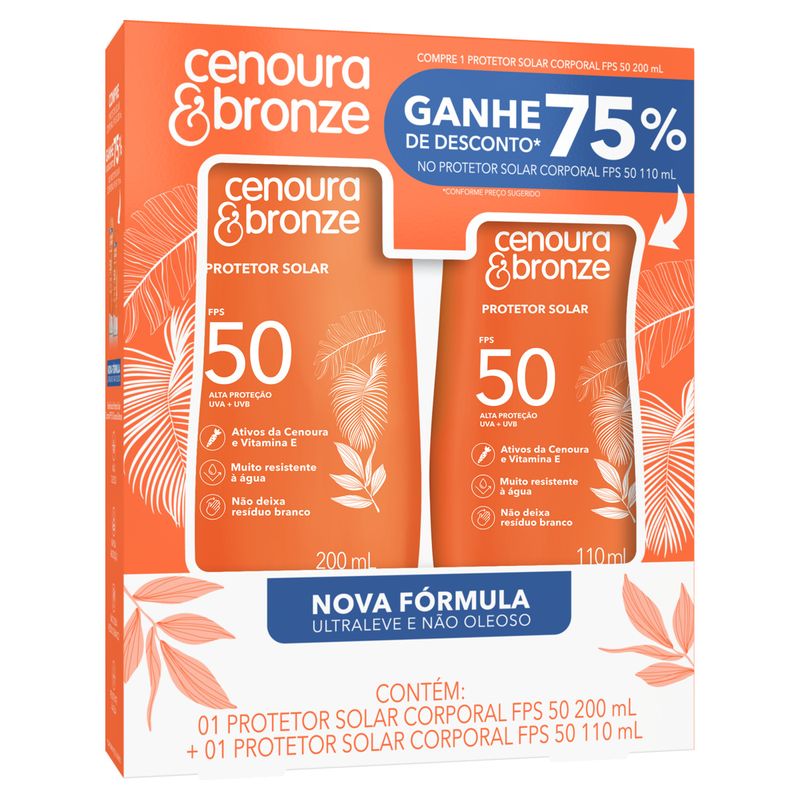 Kit Protetor Solar Corporal  Cenoura e Bronze FPS 50 200ml Ganhe 75% de Desconto no Protetor FPS 50 de 110ml
