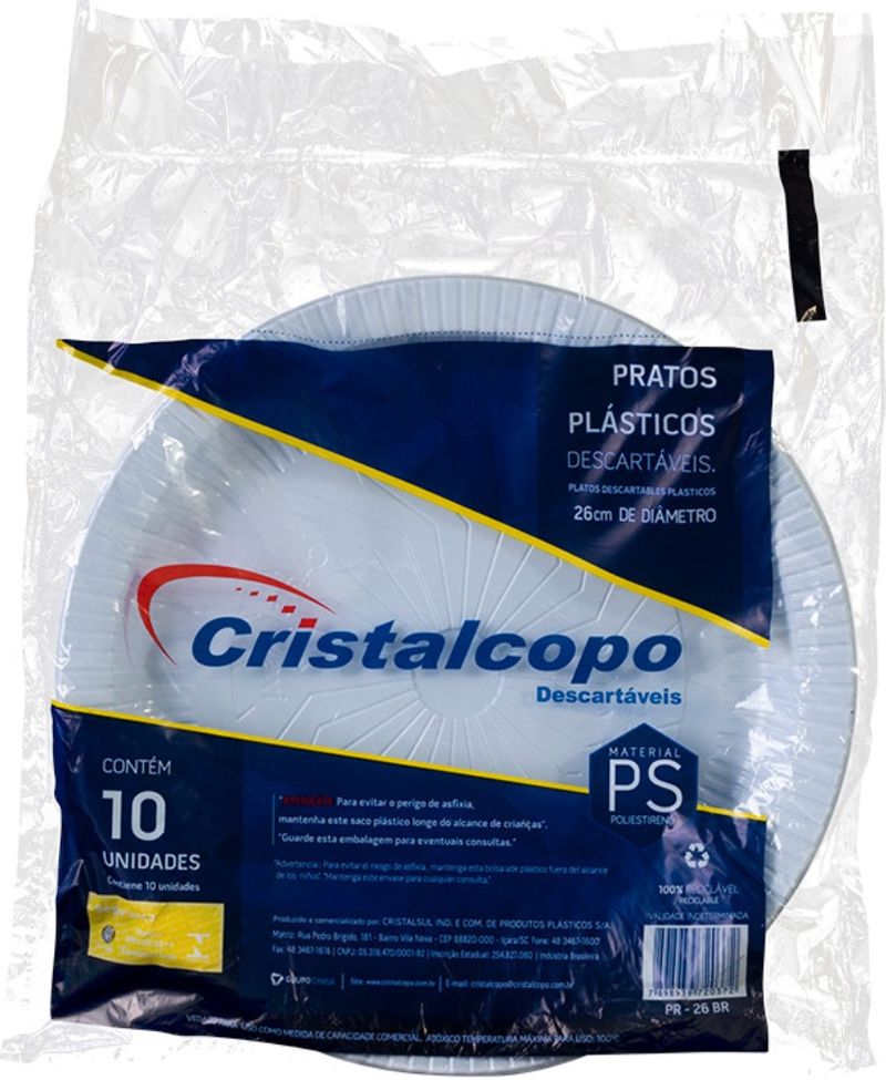 Prato Descartável PS Branco Cristalcopo 26 cm Pacote com 10un