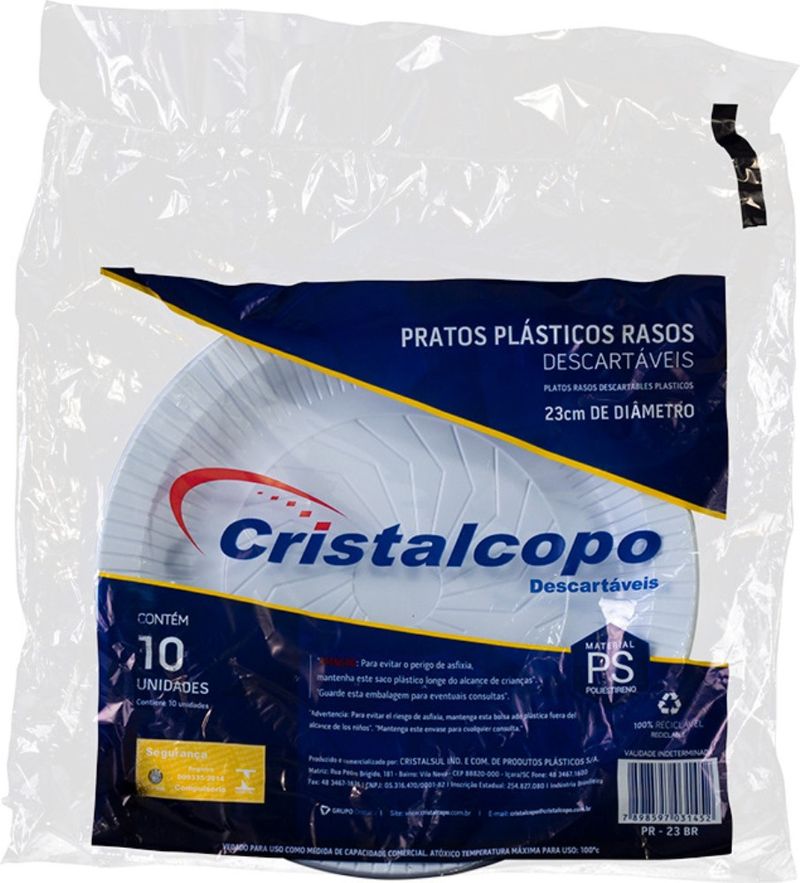 Prato Descartável Branco Cristalcopo 23 cm Raso Pacote com 10un