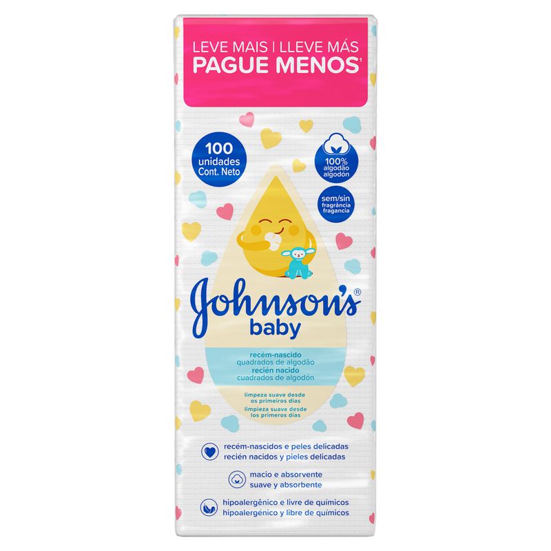 Algodão Quadrado sem Perfume Johnson's Baby Pacote 100 Unidades Leve Mais Pague Menos