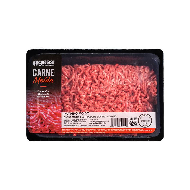 Carne Moída Resfriada de Bovino Patinho Bandeja 500g