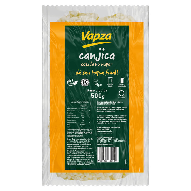 Canjica de Milho Cozida no Vapor Vapza Pacote 500g