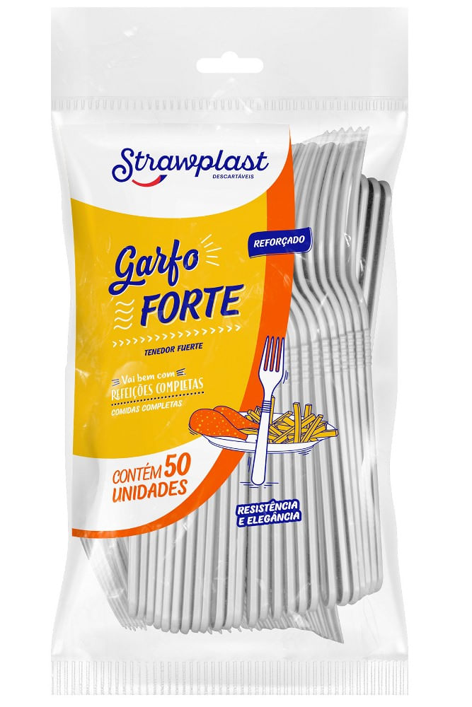 Garfo Descartável Branco Strawplast Forte Pacote com 50un