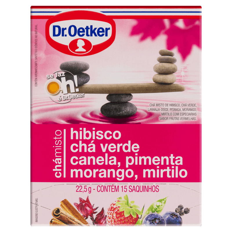 Chá Verde, Hibisco, Canela, Pimenta, Morango e Mirtilo Dr  Oetker Caixa 22,5g 15 Unidades
