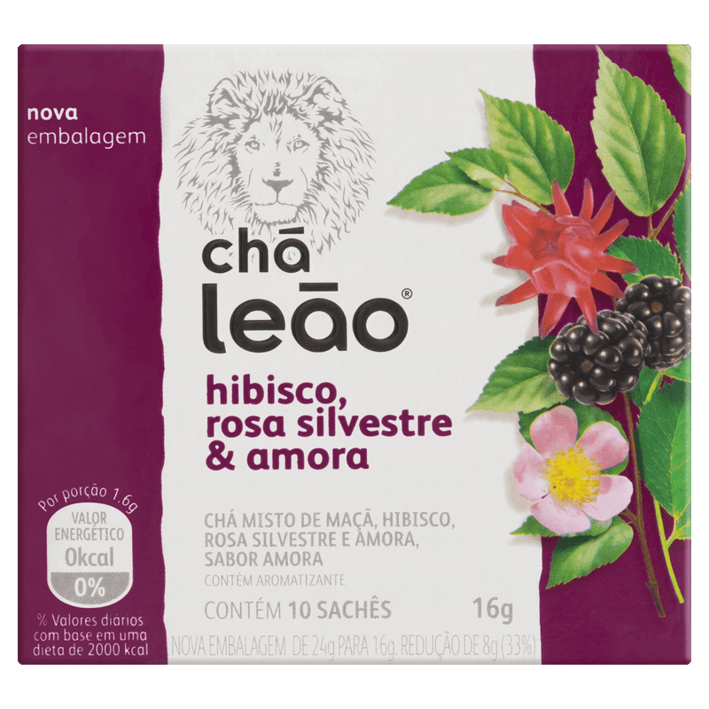 Chá Hibisco, Rosa Silvestre & Amora Chá Leão Caixa 16g 10 Unidades