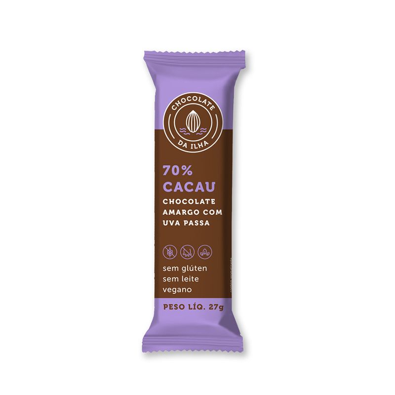 Chocolate Amargo 70% Cacau com Uva Passa sem Glúten sem Leite Vegano Chocolate Da Ilha Barra 27g