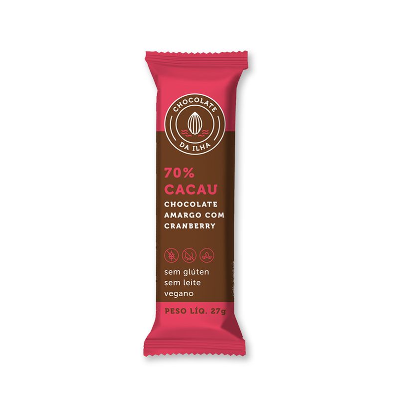 Chocolate Amargo com Cranberry sem Glúten sem Leite Vegano Chocolate Da Ilha Barra 27g