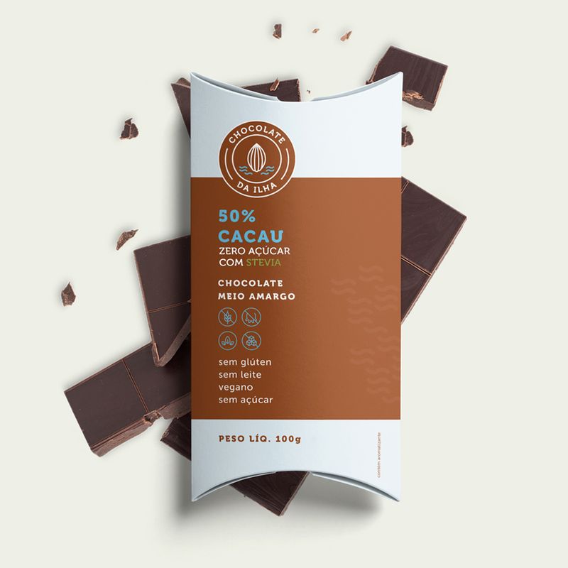 Chocolate Meio Amargo 50% Cacau Zero Açúcar com Stevia Chocolate Da Ilha sem Glúten sem Leite Vegano Barra 100g