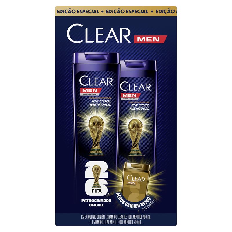 Kit Shampoo Anticaspa Ice Cool Menthol 400ml + 200ml Clear Men Edição Especial Fifa 26