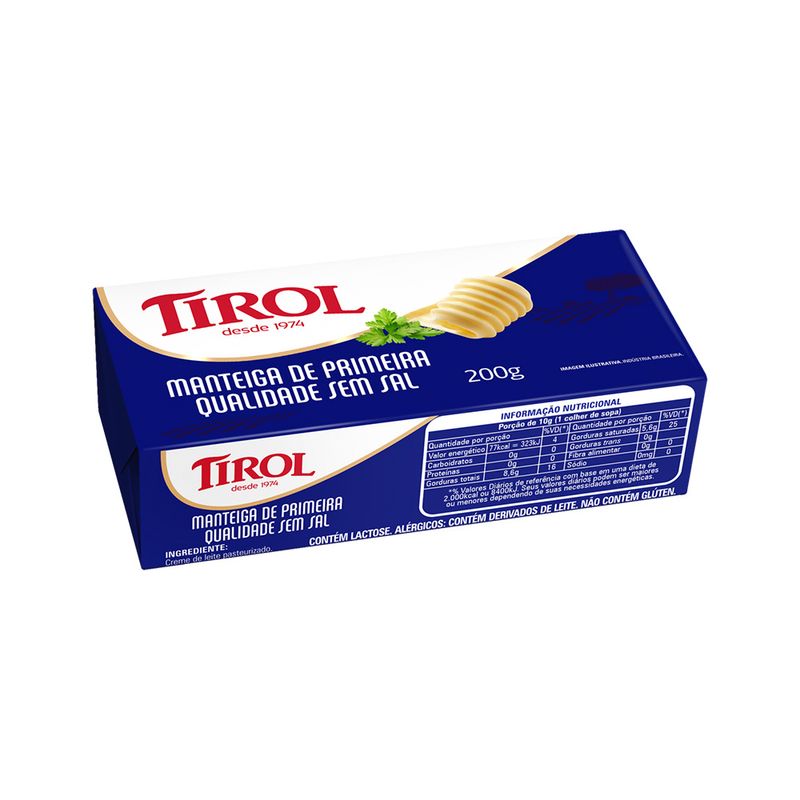 Manteiga de Primeira Qualidade sem Sal Tirol 200g