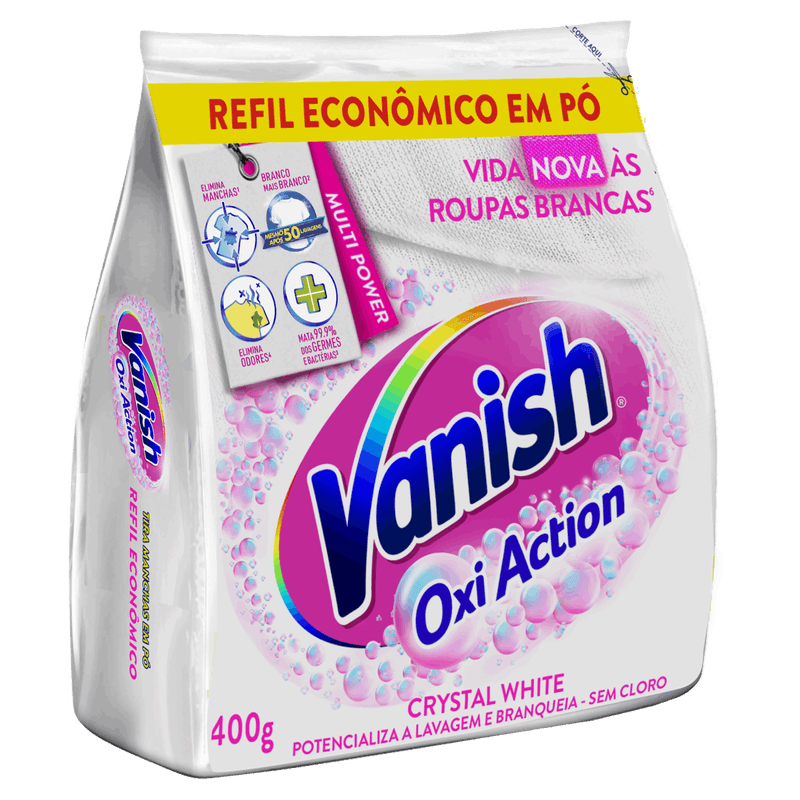 Tira-Manchas Pó Roupas Brancas Vanish Oxi Action Crystal White Pacote 400g Refil Econômico