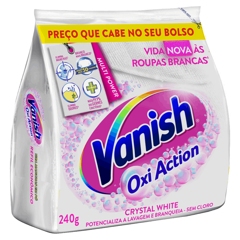 Tira-Manchas Pó Roupas Brancas Vanish Oxi Action Crystal White Pacote 240g Refil Econômico