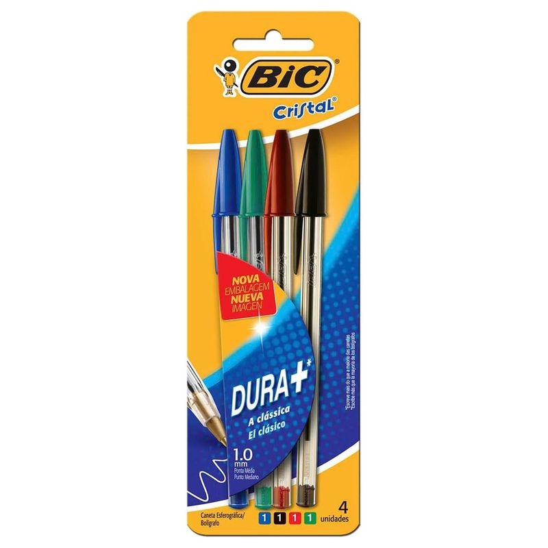 Caneta Bic Cristal Azul, Vermelha, Preta e Verde Cartela 4 Unidades