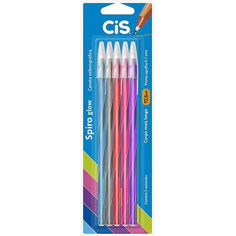 Caneta Cis Esferográfica Spiro Glow Cartela 5 Unidades