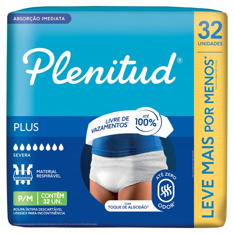Roupa Íntima Descartável Unissex Plenitud Plus P/M Pacote 32 Unidades Leve Mais Pague Menos