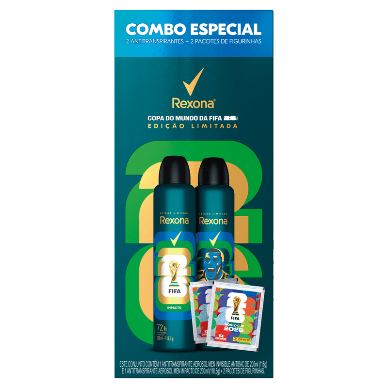 Kit Antitranspirante Aerossol Impacto + Invisible Antibac Rexona Men 200ml Cada Spray Edição Limitada FIFA 26