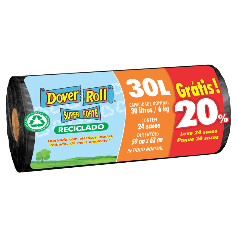 Saco para Lixo Reciclado 30l Dover Roll Super Forte Leve 24 Pague 20 Unidades