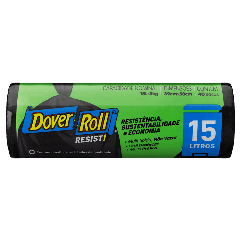 Saco Lixo Dover Roll Resistencia Sustentabilidade e Economia Preto 15 litros Pacote 40 Unidades