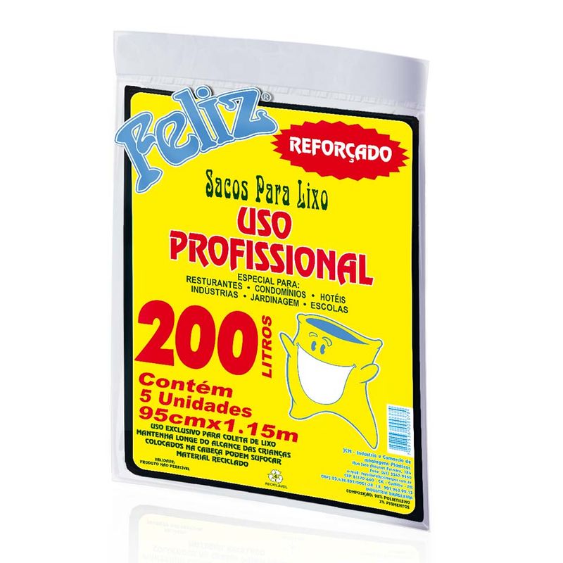 Saco para Lixo Reforçado Preto 200l Feliz Pacote 5 Unidades