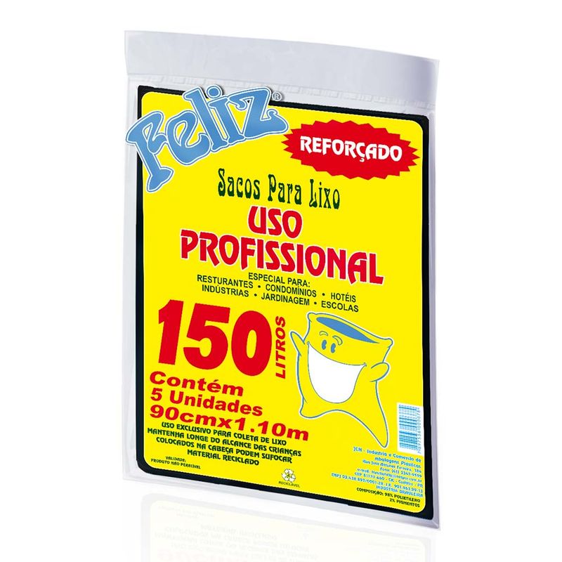 Saco para Lixo Reforçado Preto 150l Feliz Pacote 5 Unidades