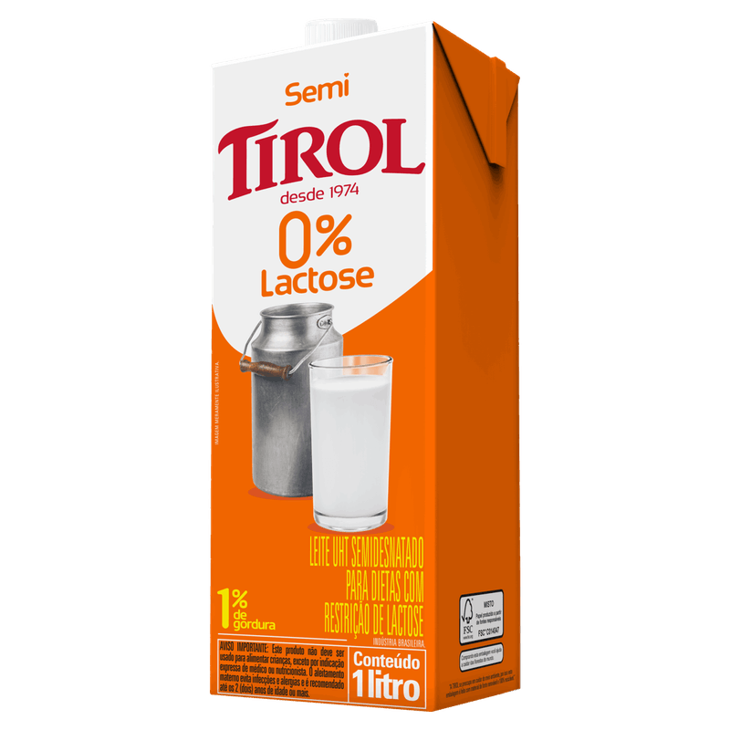 Leite UHT Semidesnatado Zero Lactose Tirol Premiare Caixa com Tampa 1l