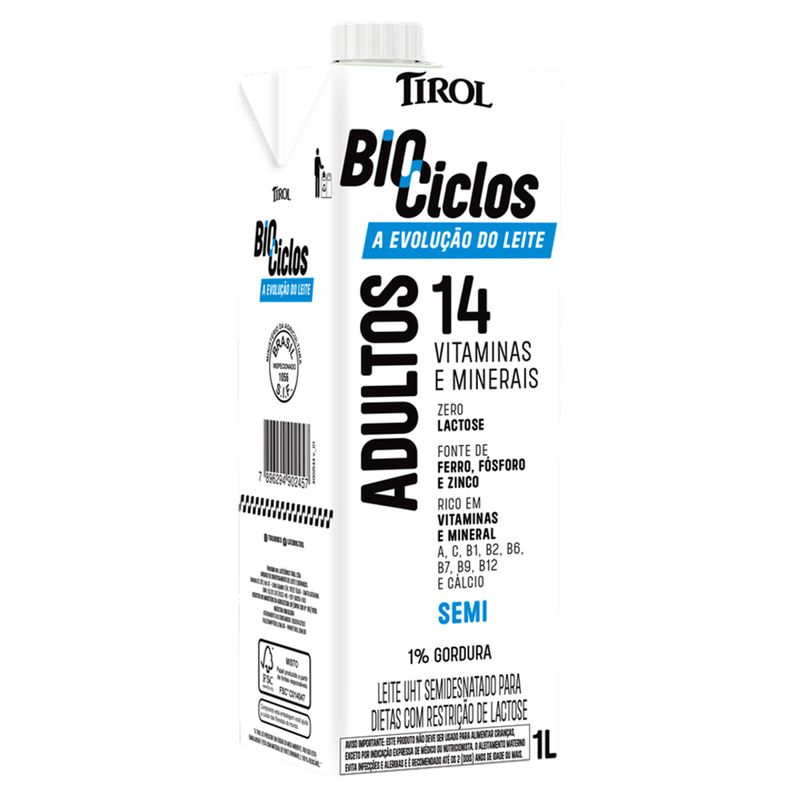 Leite UHT Semidesnatado Zero Lactose Tirol Biociclos Adultos Caixa com Tampa 1l