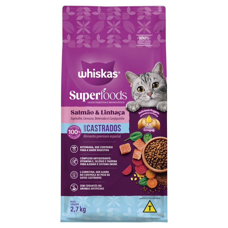 Alimento para Gatos Castrados Adultos Salmão & Linhaça Whiskas Superfoods Pacote 2,7kg