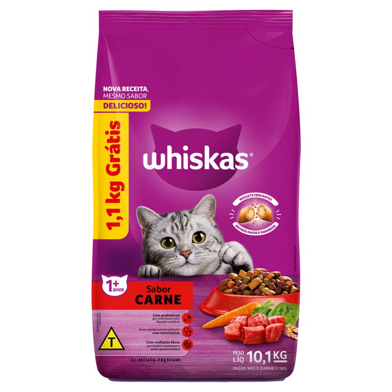 Alimento para Gatos Adultos Carne Whiskas Pacote 10,1kg Grátis 1,1kg