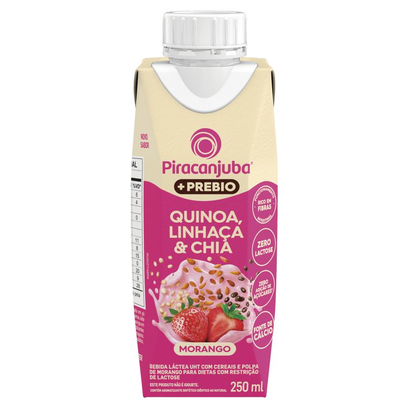 Bebida Láctea UHT Morango com Quinoa, Linhaça e Chia Zero Lactose Piracanjuba +Prebio Caixa 250ml