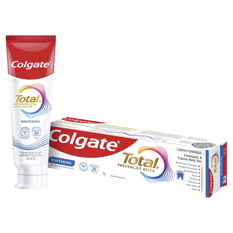 Creme Dental Anticáries com Flúor Whitening Colgate Total Prevenção Ativa Caixa 90g