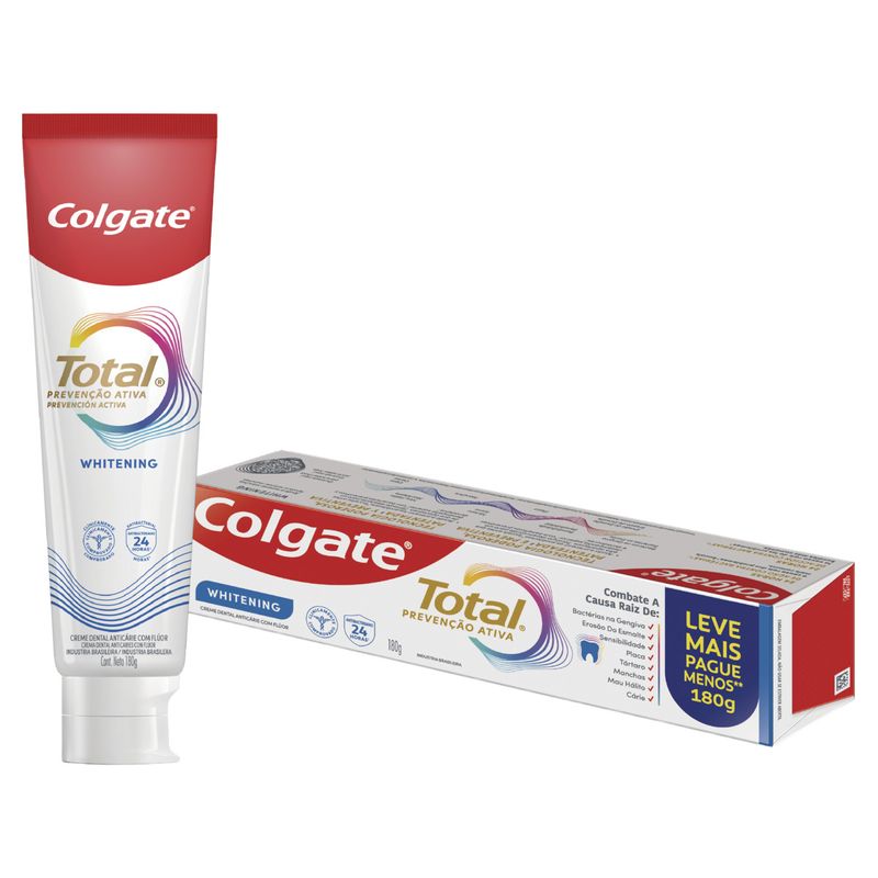 Creme Dental Anticárie com Flúor Whitening Colgate Total Prevenção Ativa Caixa 180g