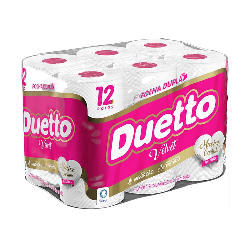 Papel Higiênico Folha Dupla Neutro Duetto Velvet 30m Pacote 12 Unidades Leve Mais Pague Menos