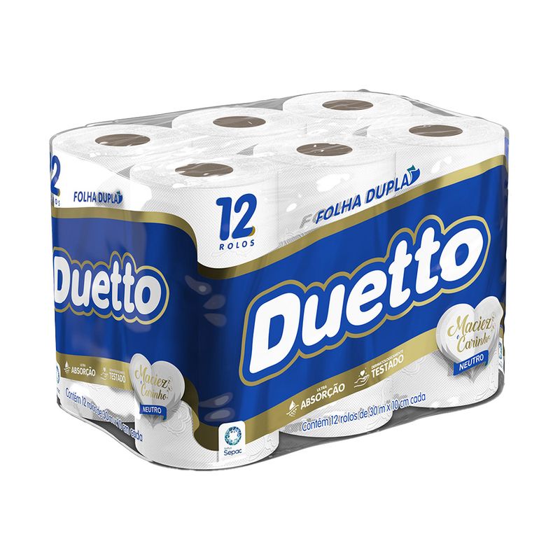 Papel Higiênico Folha Dupla Neutro Duetto 30m Pacote 12 Unidades